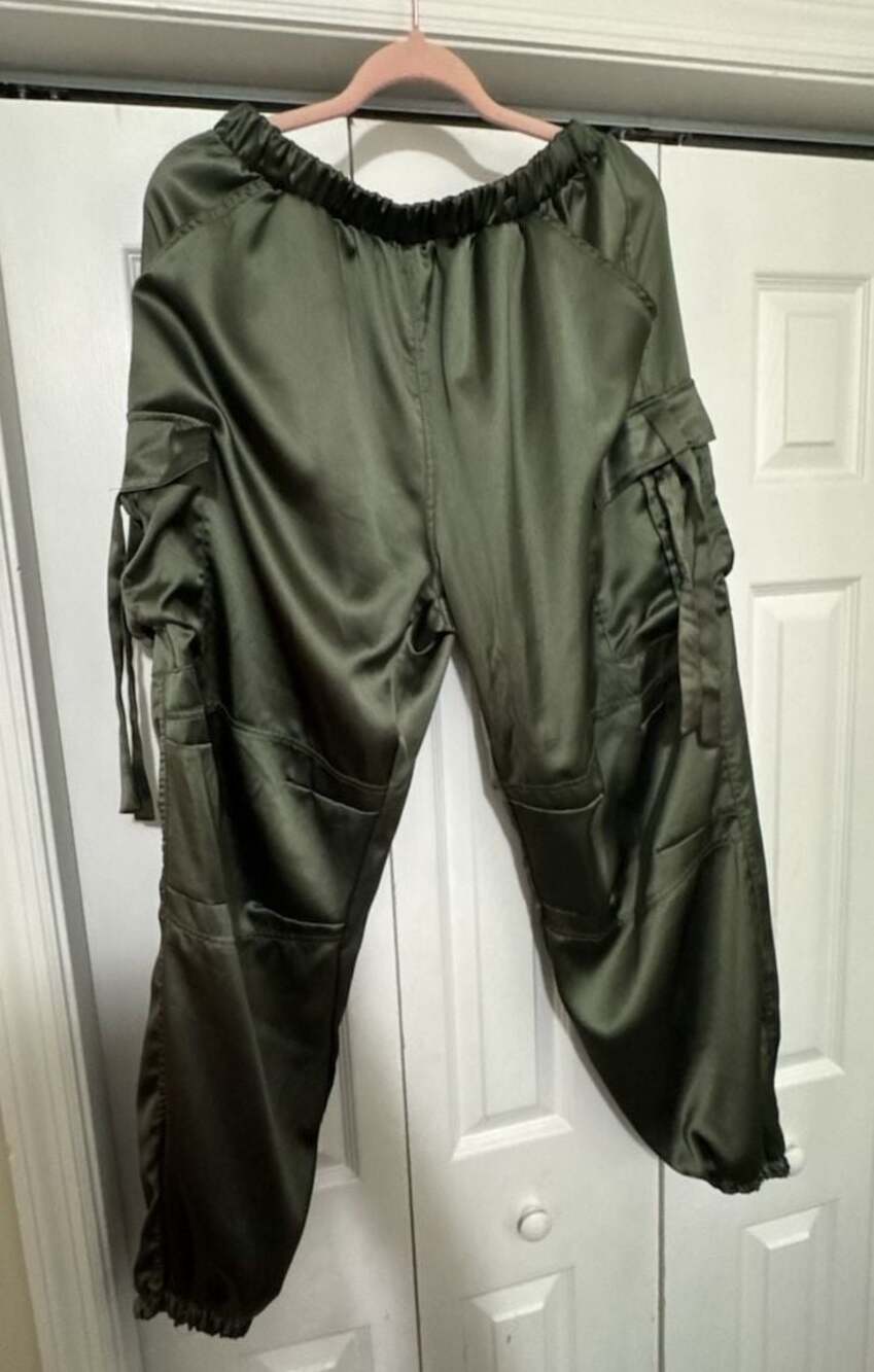 Orange Kiss Essentials Olive Green Satin Cargo Jogger Pants